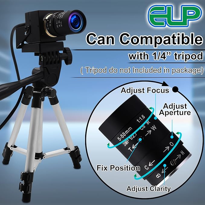 ELP 4K USB Camera with Microphone 5-50mm Varifocal Lens Manual Zoom Webcam 8MP IMX317 Sensor 3840x2160@30fps UVC for Windows Linux Mac Raspberry Pi etc.