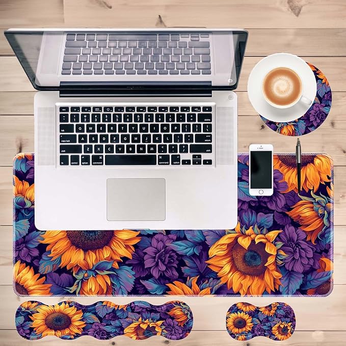 Keyboard Mouse Pad SetLarge Desk Pad+Keyboard Wrist Rest+Mouse Pad Wrist Support+CoasterEasy Typing Pain Relief Non-Slip Mousepad Wrist Support Mousepad Set Home OfficeSunflower