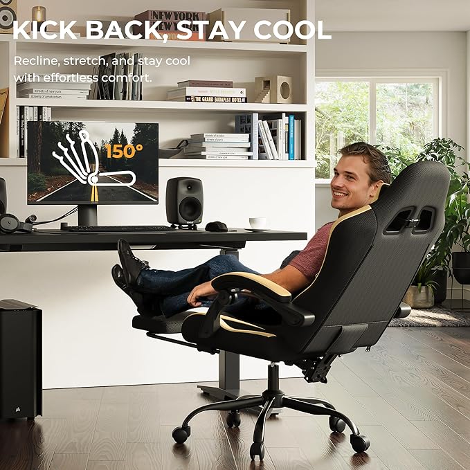 Gaming Chair with Footrest Ergonomic 330lbs Leather Mesh Chair Massage Lumbar Support Adjustable Height &amp Headrest Pillow Breathable Seat for Office Home Streaming Long Gaming Sessions Gol