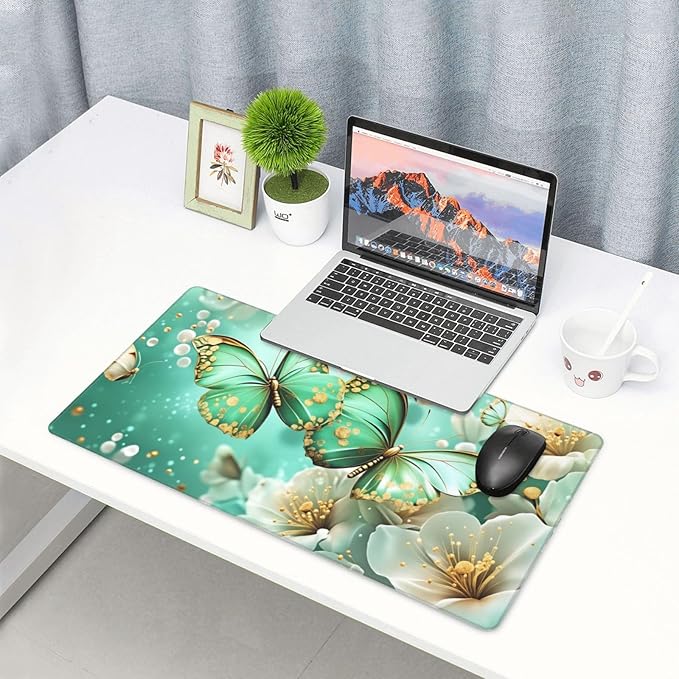 Butterflies Floral Desk Cover MatExtended Large Mouse PadComputer Laptop Mat Desk Decor for Office Game Home 30x16 Inch