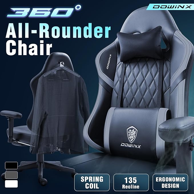 Dowinx LS-66T50EJP Gaming Chair with Pocket Spring Cushion and Hanger Massage Game Chair Pu Leather with Headrest Ergonomic Computer Chair with Footrest 300lbs for Adult Black Grey