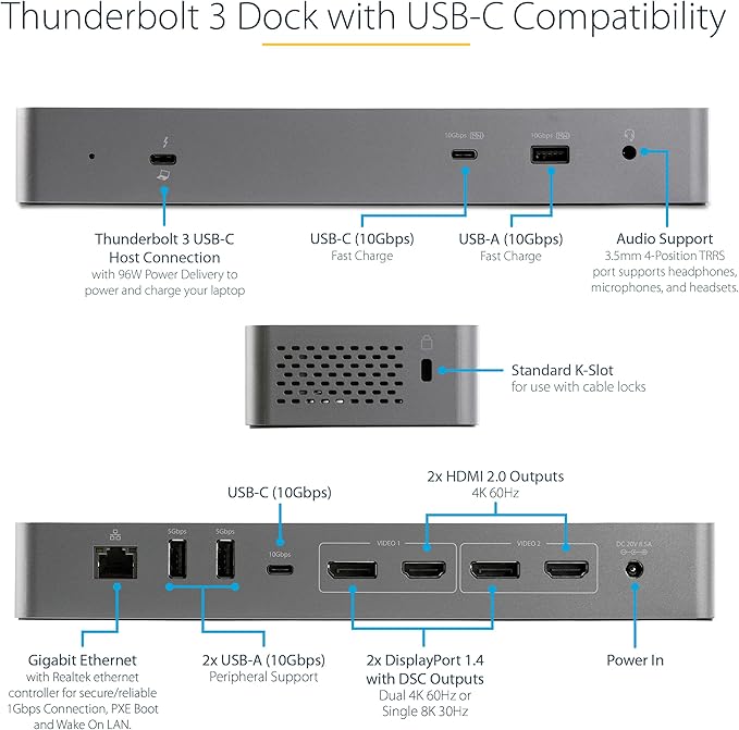 StarTech.com USB C Docking Station for MacBook Pro/Air-M1/M2/M3/M4 Dual 4K 60Hz/Single 8K Thunderbolt Compatible HDMI/DisplayPort 10Gbps USB Type-C Laptop Dock 96W Power Delivery (TB3CDK2DH)