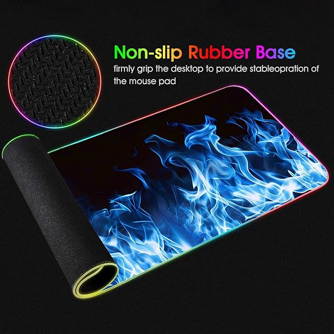 RGB Gaming Mouse Pad with Coffee Coaster XXL Large Glowing LED Mousepad Anti-Slip Rubber Base Computer Keyboard Desk Mouse Mat 31.5 X 11.8 Inch - Blue Flame