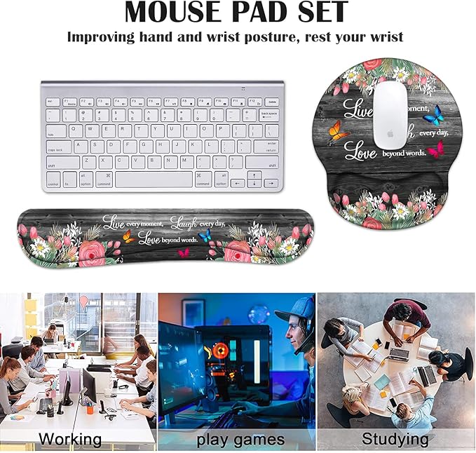Keyboard Wrist Rest and Mouse Pad Wrist Support Set with Coasters Ergonomic Gaming Mousepad Non-Slip PU Base for Home Office Working Studying Easy Typing &amp Pain Relief Floral Quote Live Laugh Lo