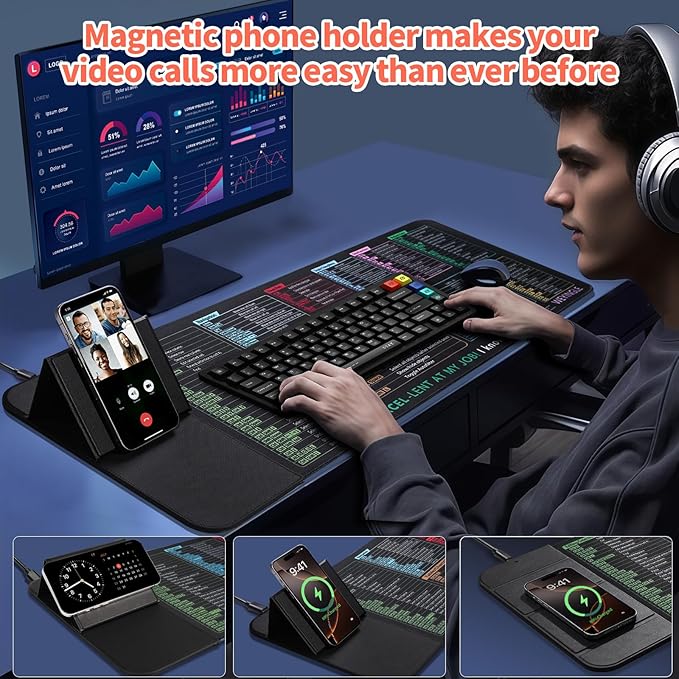 Excel Shortcut Keys with Wireless Charging Phone Holder Gaming Mousepad Desk Mat 15W Qi Smooth Surface Non-Slip Extended Computer Keyboard Mat for MacBook PC Laptop