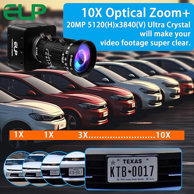 ELP Ultra HD 20MP Varifocal USB 3.0 Camera for Computer Manual Zoom 3840P USB3.0/2.0 Lightburn Cameras for Windows Linux Mac Pi 5-50mm 10X Variable Focus AR2020 High Speed 4K 30FPS Webcam for PC