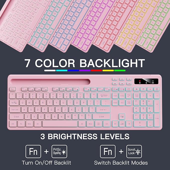 Wireless Keyboard with 7-Color RGB Backlit Full-Size Computer Keyboard with Phone Tablet Holder 2.4G Rechargeable Gaming Keyboard with Light Up Keys Compatible with Mac Windows (Pink)