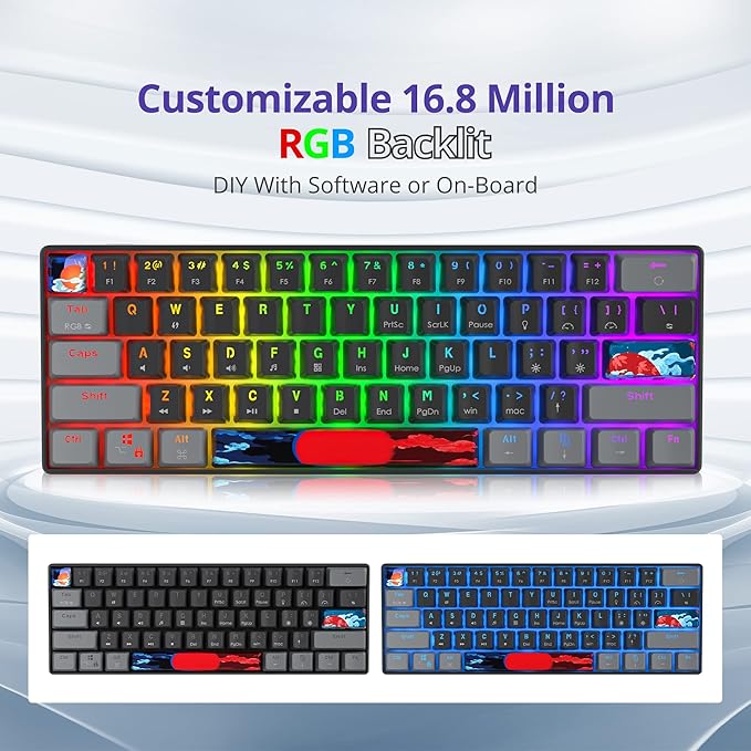 60% Mechanical Keyboard Grey and Black Compact 60 Percent Gaming Keyboard RGB Backlit 61 Keys Mini Keyboard USB Wired Office Keyboard for Windows Mac Laptop PC (61 Dark/Red Switches)