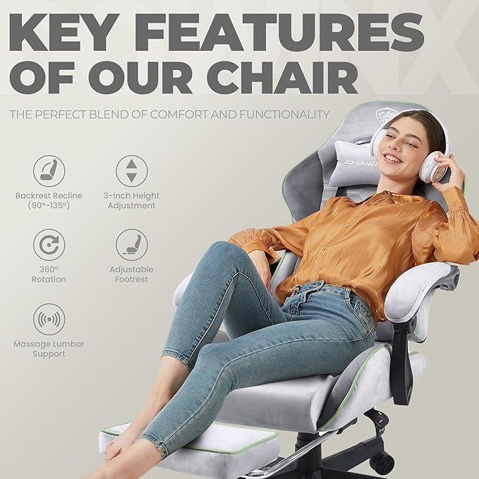 Dowinx Gaming Chair Fabric with Pocket Spring Cushion Massage Game Chair Cloth with Headrest Ergonomic Computer Chair with Footrest 290LBS Light Grey