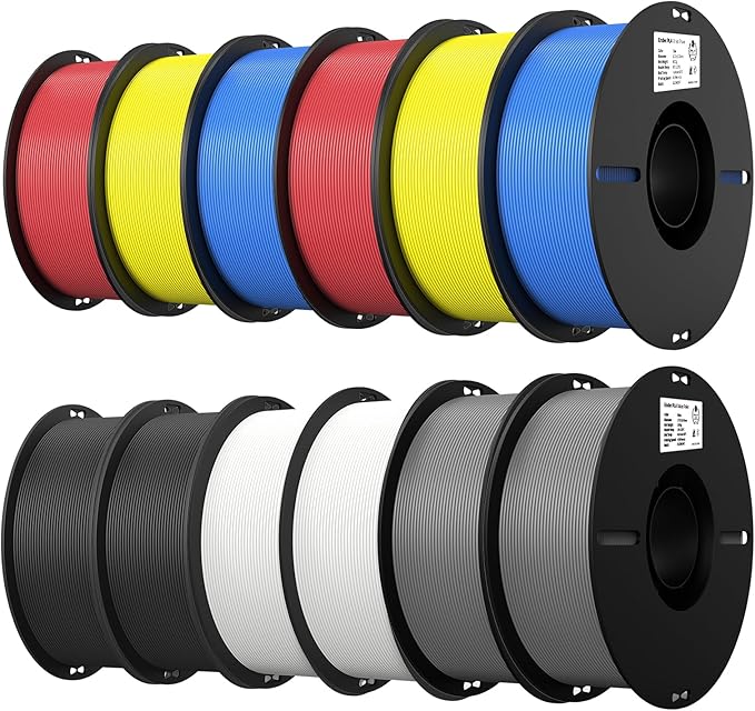 Creality 12 Pack PLA 1.75mm Filament Bundle for 3D Printing with No-Tangling Strong Bonding and Overhang Performance Accuracy +/- 0.02mm (BlackWhiteGreyBlueRedYellow)