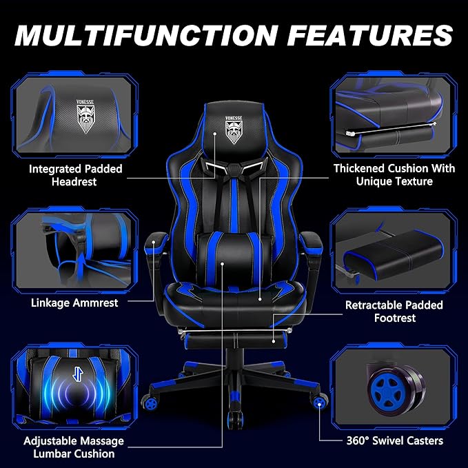 Vonesse Gaming Chairs for Adults Gamer Chair with Footrest and Massage Reclining Big and Tall Ergonomic Gaming Chair Computer Chairs for Heavy People 300LBS (Blue/Black)