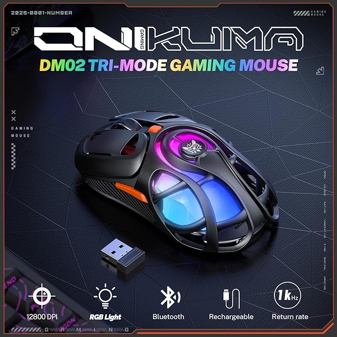 Wireless Gaming Mouse Tri-Mode 2.4G/Bluetooth/USB-C 12800 DPI 6 RGB Backlit 73g Ultra-Light Computer Mice 2000Hz Polling Rate 400mAh Rechargeable for PC/Mac/Laptop (Black)