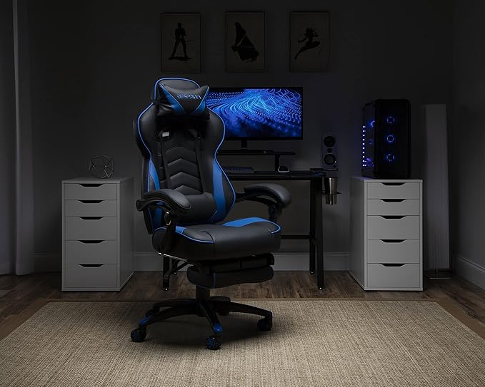 RESPAWN 110 Ergonomic Gaming Chair with Footrest Recliner - Racing Style High Back PC Computer Desk Office Chair - 360 Swivel Adjustable Lumbar Support Headrest Pillow Padded Armrests - 2019 Blue