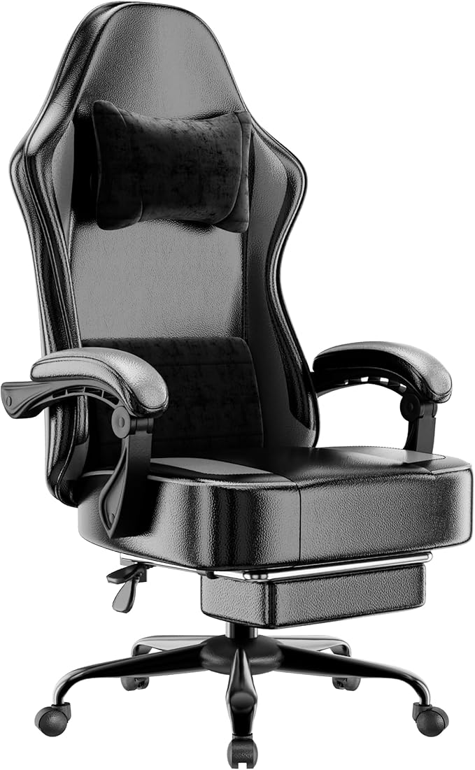 Gaming Chair with Pocket Spring Cushion and Footrest Ergonomic Computer Chair for Adults Breathable PU Leather Game Chair Adjustable Headrest and Lumbar Support Office Desk Chair