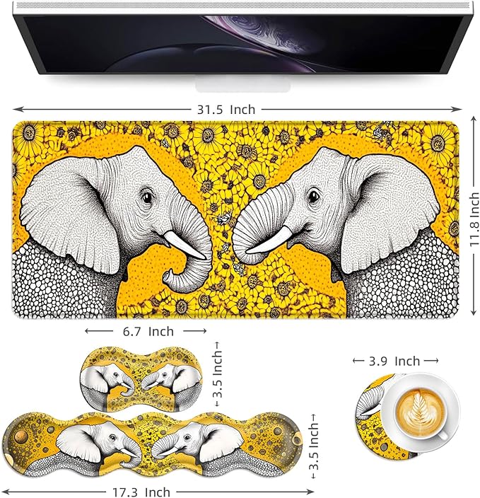 Keyboard Mouse Pad Set Extended Gaming Mouse Pad+Ergonomics Keyboard Wrist Rest Support Memory Foam Easy Typing Pain Relief 4Pcs XL Ultra Thick Desk MatElephants Sunflower Field
