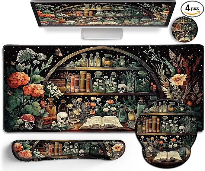 Goth Skull Mouse Pad Set Large Desk Mat for Desktop Ergonomic Mouse Pad with Wrist Rest for Gaming Keyboard Mat Wrist Support Cup Coaster Set Gothic Office Desk Accessories Decor Supplies