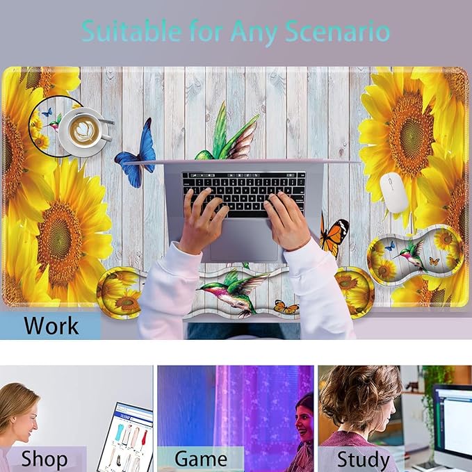 Large Gaming Mouse Pad Keyboard Wrist Rest + Mouse Wrist Pad + Coaster Combination Set Memory Sponge Non-Slip Base. Suitable for Office and Home Vintage Wood Butterfly Hummingbird