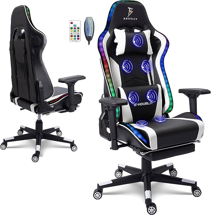 TBQATNTS Gaming Chair Computer Chair with Footrest and Lumbar SupportRGB Computer Chair with Massage Function and SpeakersHeight Adjustable Game Chair for Office or GamingWhite
