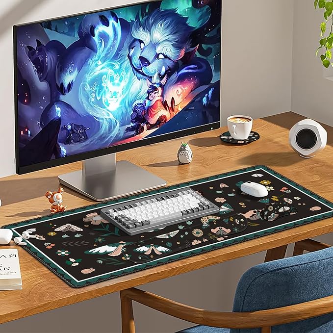 Large Mouse Pad and Keyboard Wrist Rest Desk Pad for Keyboard and Mouse Gaming Mousepad with Wrist Support Non-Slip Desk Mat for Home Office Black Butterfly Flower