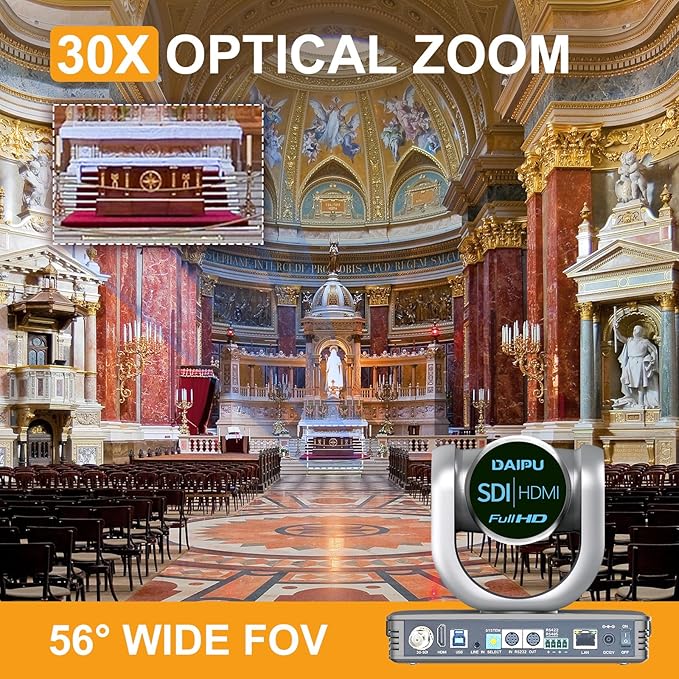 PTZ Camera 30X Optical Zoom 1080P60 HDMI USB3.0 SDI LAN PoE AI Auto Tracking Conference Room Camera 1/2.8 CMOS Sensor 255 Presets for Church Worship Live Streaming Business Video Conference