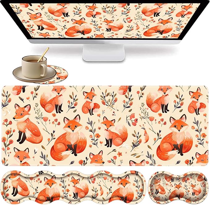 Large XXL Gaming Desk Mat 31.5x 11.8 Ergonomic Keyboard Wrist Rest &amp Mouse Pad Wrist Rest + Coaster Set Non-Slip Base Memory Foam Office and Home Little Fox