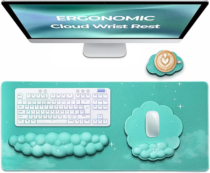 Premium Quality Cloud Wrist Rest Keyboard &amp Mouse Pad Set – Ergonomic Memory Foam Desk Accessories with Wrist Support &amp Cloud Coaster Wrist Rest for Office &amp Gaming- Mint