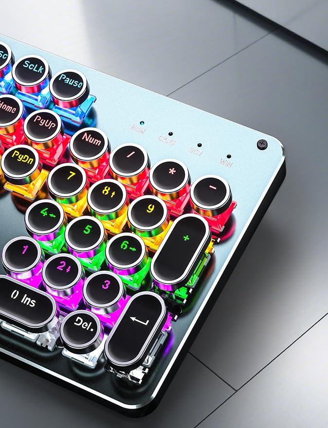 Typewriter Style Mechanical Gaming Keyboard Blue Switch Rainbow LED Backlit Wired Computer Keyboards Mouse and Pad Combo Metal Panel Retro Punk Round Keycaps 104 Keys Anti-Ghost for PC Laptop Gamer