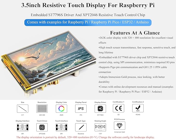 3.5inch Resistive Touch Display Compatible with Pi 5/4B/3B+/3B/Pico W/Pico 2W/ ESP32 IPS LCD Screen 320×480 Resolution 262K Color Pigo Pin Header and GH1.25 11PIN Cable Two Connection Ways
