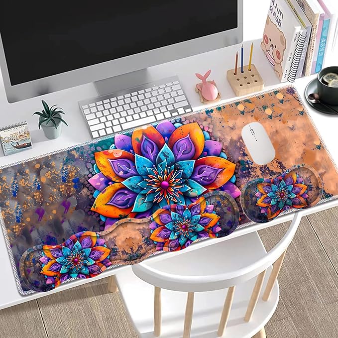 Large Gaming Mouse Pad + Keyboard Wrist Rest + Wrist Support + Coaster Set Memory Foam Ergonomic for Easy Typing XXL Extended Gaming Mouse Pad Table Pad - Mandala Flower