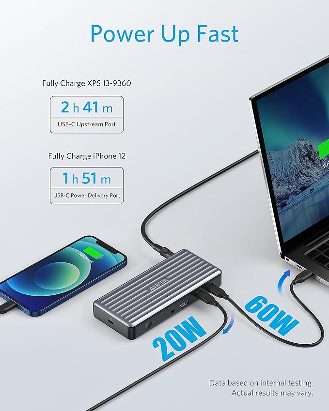 Anker USB C Docking Station PowerExpand 9-in-1 USB-C PD Dock 60W Charging for Laptop 20W Power Delivery Charging 4K HDMI and DisplayPort USB3.0&ampUSB2.0 Data Gigabit Ethernet 3.5 mm Audio