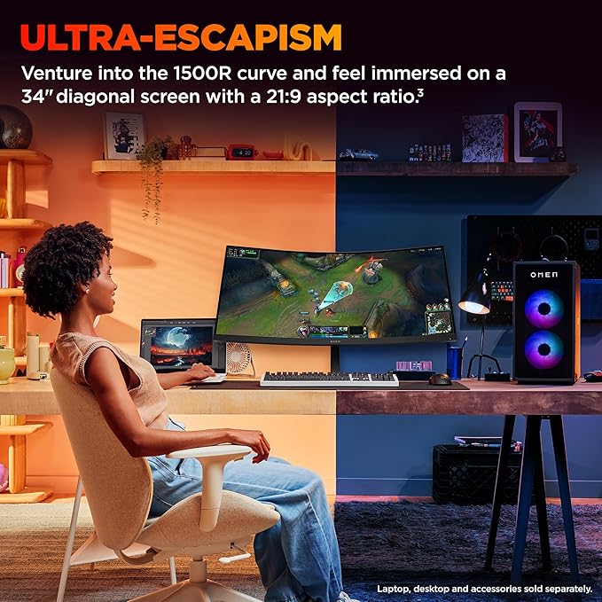 HP OMEN 34 inch WQHD 180Hz Curved Gaming Monitor Wide QHD Display (3440 x 1440) VA Panel VESA DisplayHDR 400 1ms MPRT (with Overdrive) AMD FreeSync Premium Technology Black OMEN 34c G2 (2025)