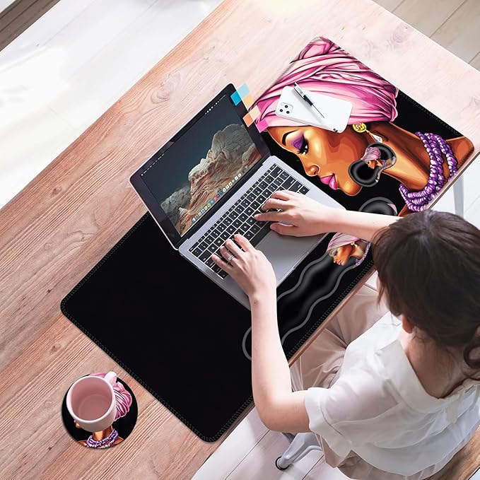 Mouse PadLarge Desk Mat Set 4in1 XL Mousepad + Keyboard Wrist Rest+Mouse Wrist Rest+Coaster with Ergonomic Desk Pad for Home Office Table Computer Cover -African Woman