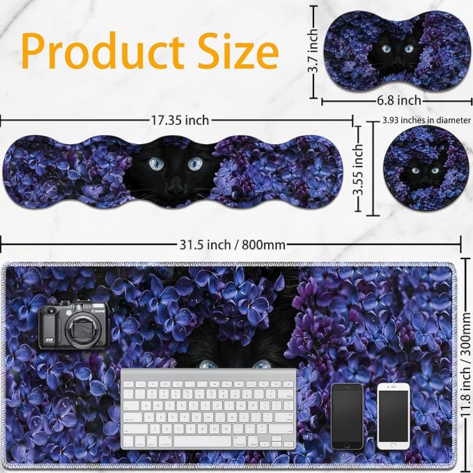 Large Mouse Pad Set Desktop Mouse Pad + Keyboard Wrist Pad + Mouse Wrist Pad + Coaster Ergonomic Memory Foam Multi-functional Desk Mat - Flower and Black Cat