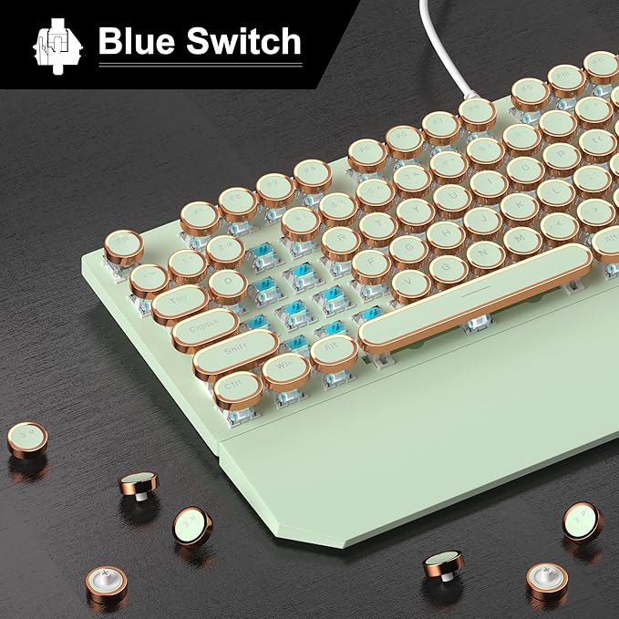 Camiysn Typewriter Style Mechanical Gaming Keyboard Green Retro Punk Gaming Keyboard with White Backlit 104 Keys Blue Switch Wired Cute Keyboards Round Keycaps for Windows/Mac/PC