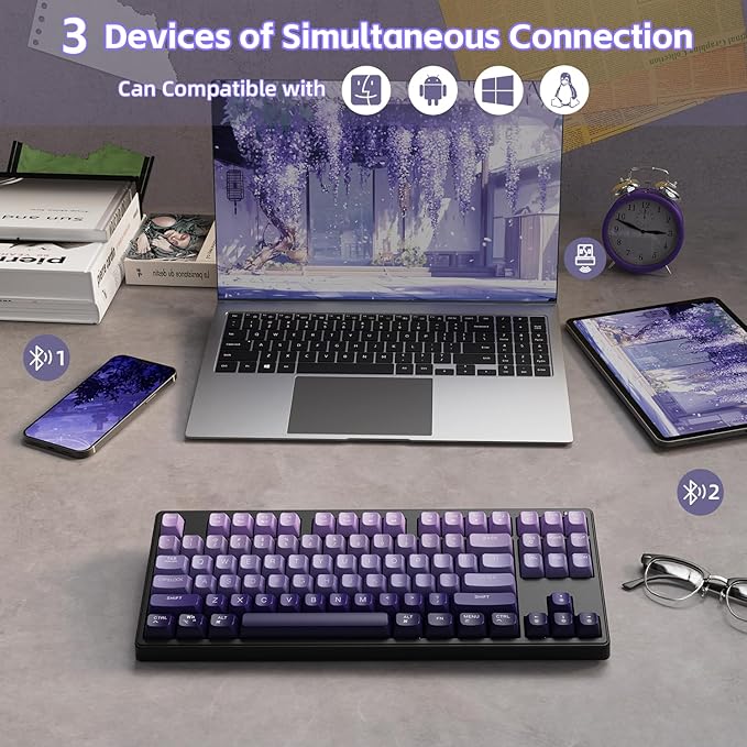 ZIYOU LANG M87 75% Wireless Gaming Keyboard Mechanical Feel Silent Rainbow Backlit Bluetooth/2.4Ghz PBT Gradient Keycaps Rechargeable 4000mAH Battery Ergonomic for MAC/Win/PC-Purple