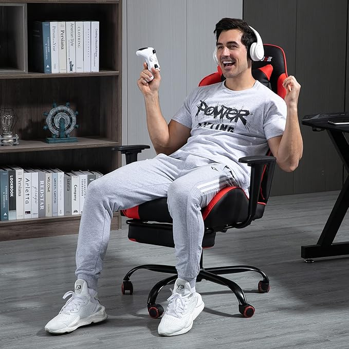 ECOTOUGE PC Massage Gaming Chair with Footrest Ergonomic Office Desk Chair Adjustable Massage Lumbar Cushion and Headrest Red