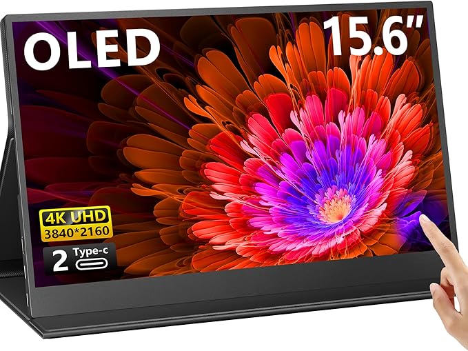 OLED Touch Portable Monitor 15.6 4K 60Hz IPS Laptop Monitor Second Screen Dual USB C HDMI Computer Gaming Display with Speakers &amp Smart Cover Travel Display for PC Phone PS4/5 Xbox Switch