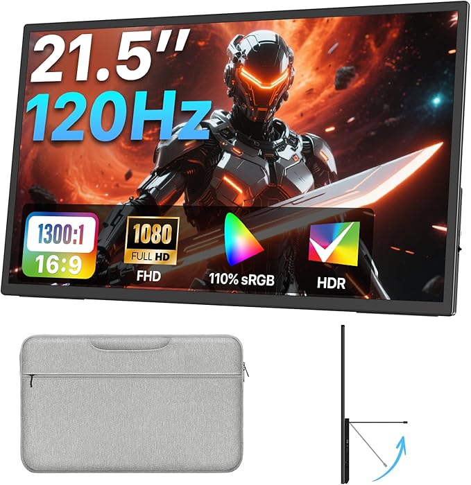 Portable Monitor 21.5 inch FHD 110% sRGB 120Hz IPS HDR HDMI USB-C Travel Monitor for Laptop MacBook PC Surface PS5 Xbox Large External Display with Kickstand &amp Speakers VESA Compatible