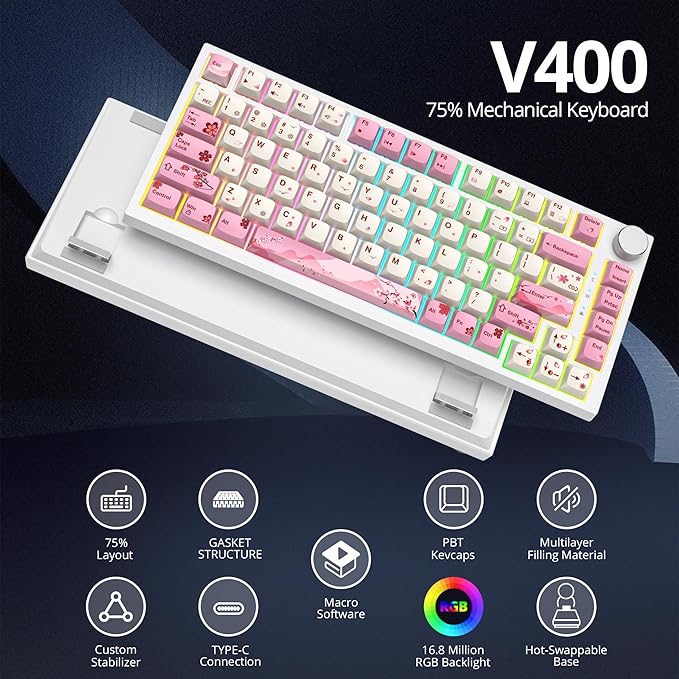 75% TKL Wired Mechanical KeyboardRGB Backlit Gasket Mount 82 Key Hot Swappable Custom Linear Red Switch Gaming Keyboard with Volume Knob &amp PBT Keycaps (Pink)
