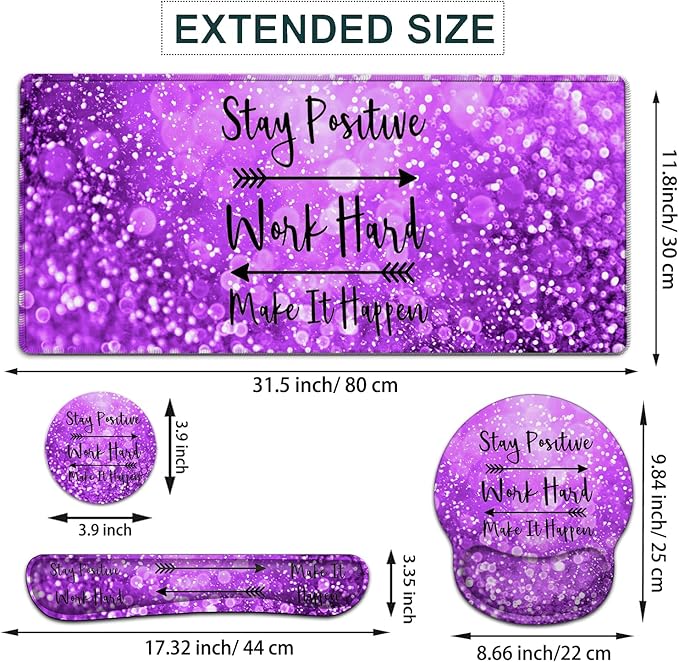 Large Mouse Pad Ergonomic Mouse Pad with Wrist Rest and Keyboard Wrist Rest 4 in 1 Set 31.5 x11.8 inch Extended Desk Pad for Home Office Work Hard Quotes Purple Gradient Gilt XXL Gaming Mouse Mat