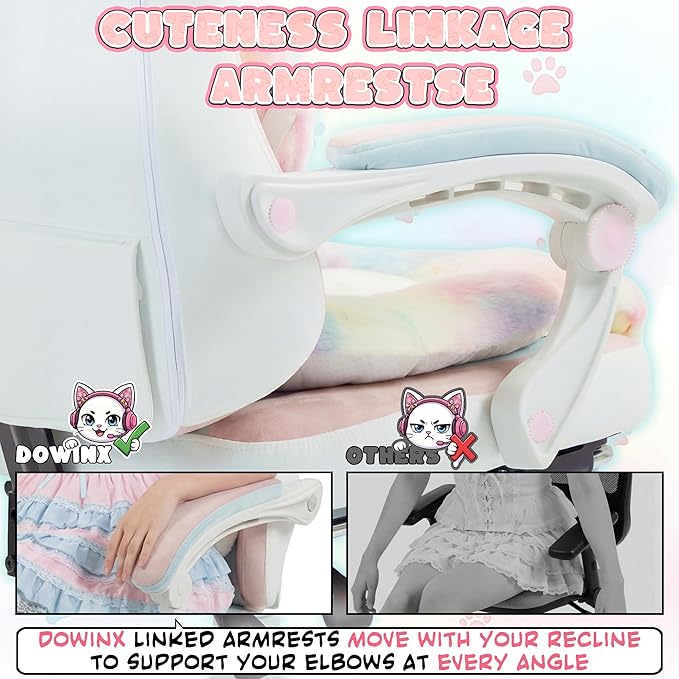 Dowinx Gaming Chair with Cat Ears and Paw Lumbar Pillow Ergonomic Reclining Chair Memory Foam and Spring Cushion Footrest 300lbs Capacity Cute and Comfortable Design for Women &amp Girls
