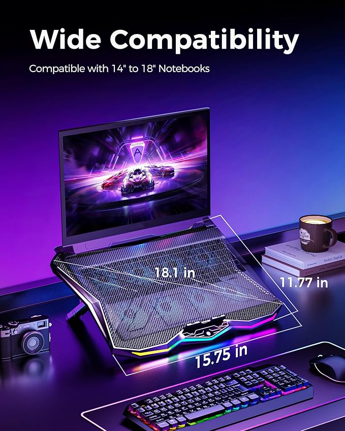 AICHESON Gaming Laptop Cooling Pad with 8 Fans RGB Computer Stand for 15.6-17.3 Inch Notebook with 7 Height Slots 2 USB Ports AA3