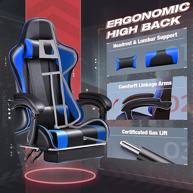Furmax Gaming Chair Video Game Chair with Footrest and Massage Lumbar Support Swivel Seat Height Adjustable Computer Chair with Headrest Racing E-Sport Gamer Chair (Blue)