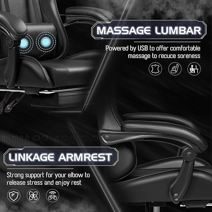 Homall Gaming Chair Video Game Chair with Footrest and Massage Lumbar Support Ergonomic Computer Chair Height Adjustable with Swivel Seat and Headrest (Dark Black)