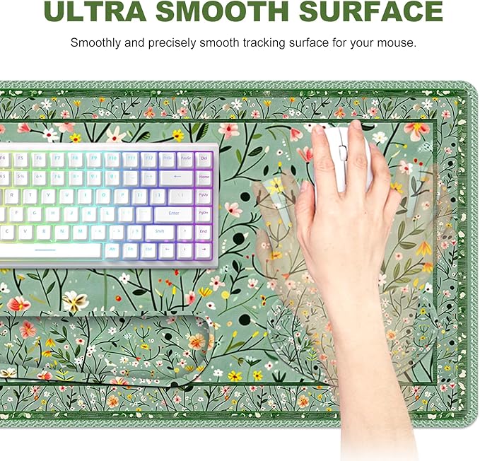 Floral Desk Mat 4in1 Large Mouse Pad with Wrist Rest Anti-Slip Desk Pad for Desktop XXL Ergonomic Mousepad with Wrist Support for Keyboard and Mouse Green Art Flowers