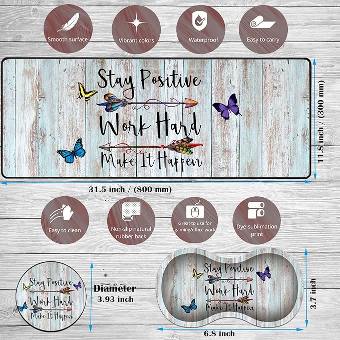 Large Game Mouse Pad + Wrist Support Pad + Coffee Coaster Stay Positive Work Hard and Make It Happen Foldable Table Mat with Stitched Edge Non-Slip Set Pad Suitable for Office Work and Home