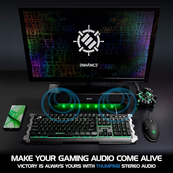 ENHANCE Gaming Attack Sound Bar PC Speaker - Under Monitor Soundbar Computer Speaker with Loud 40W Hi-Fi Audio 3 LED Color Modes and Dual Inputs for PC Laptop or Phone AUX