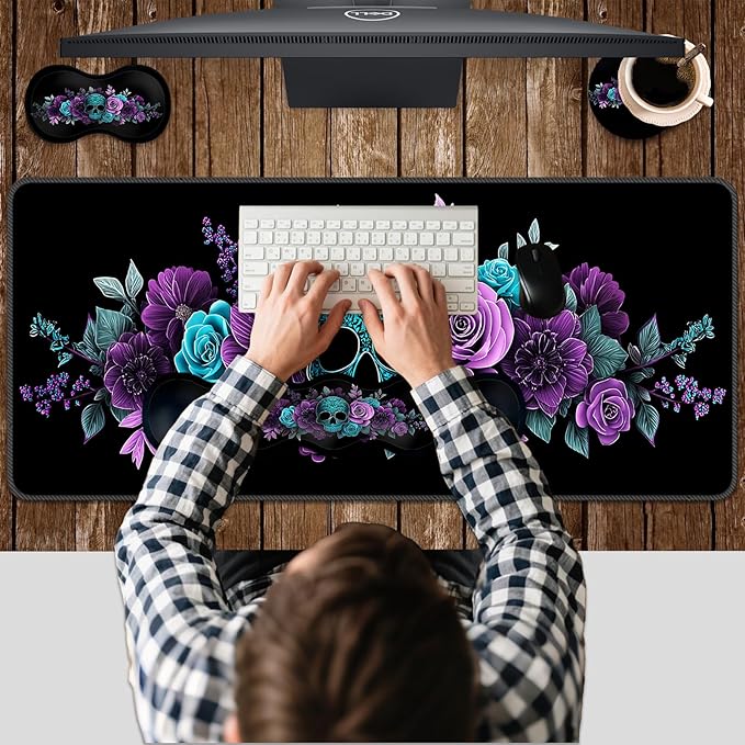 Ergonomic Keyboard Wrist Rest &amp Mouse Pad Wrist Rest SetXL Gaming Desk Mat 31.5x 11.8Non-Slip BaseMemory FoamEasy Typing Pain Relief for Office &amp HomeTeal Skull Purple Blue Flowers