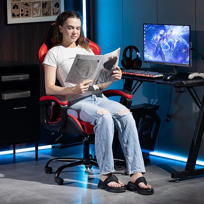 Gaming Chair PU Leather Massage PC Video Game Chair with Lumbar Support for Men Women Home Office Height Adjustable Ergonomic High Back Red