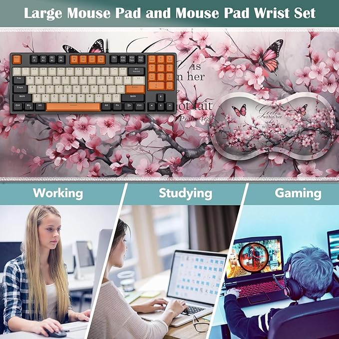 Large Game Mouse Pad + Wrist Support Pad + Coffee Coaster Desk Pad with Sewn Edges Anti-Slip Set pad Suitable for Office Work and Home - Cherry Blossom Butterflies